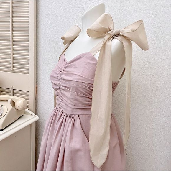 MIDI Dress, Ruched Bodice, Smocked Back, Long Wide Ties, S/M Fit, Dusty … - Picture 1 of 8